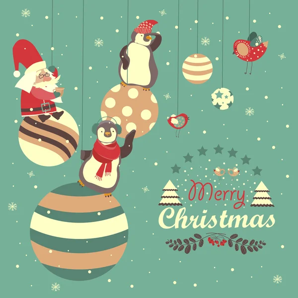 Divertidos pingüinos con Santa Claus celebrando la Navidad — Vector de stock