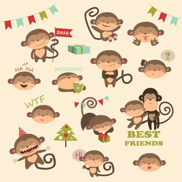 Christmas vector set with monkey for 2016 New Year — Stock Vector