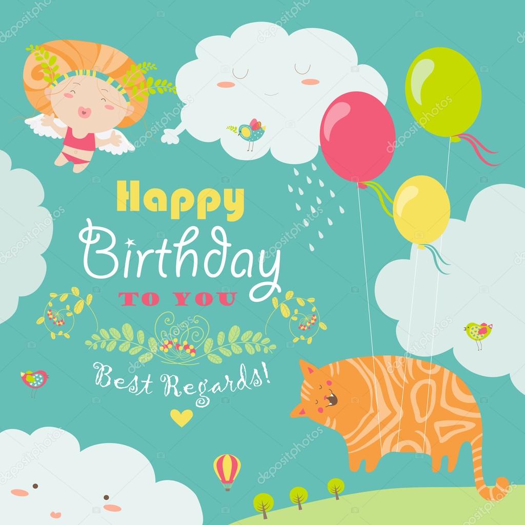 かわいい猫や天使とお誕生日おめでとうカード ストックベクター C Masastarus かわいい猫や天使とお誕生日おめでとうカード ストックベクター C Masastarus
