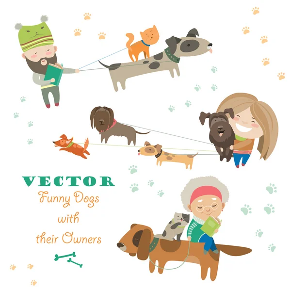 Cute dogs with their owners — Stock Vector