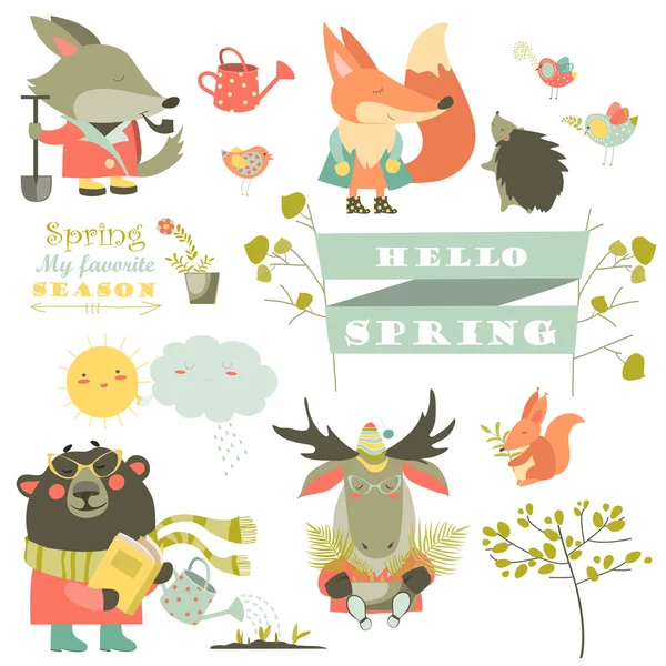 Set of cartoon characters and spring elements — Stock Vector