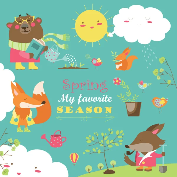 Set of cartoon characters and spring elements — Stock Vector