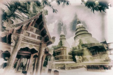 Dijital resim, eski resim, Wat Phra Singh Woramahawihan Kuzey Tayland 'daki eski tapınak, Chiang Mai Eyaleti,