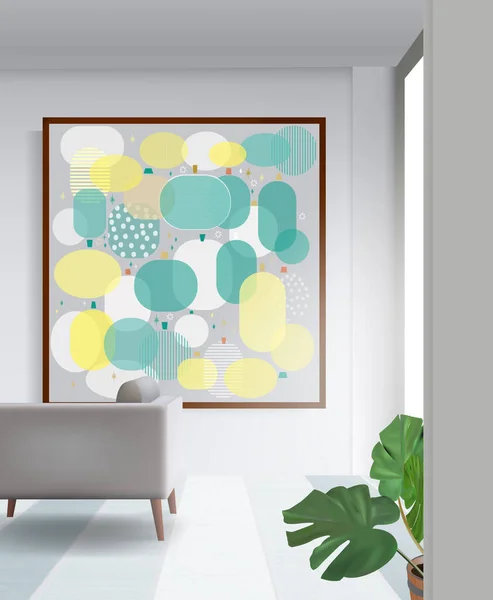 ソファと観賞植物とリビングルームのインテリアの壁に抽象的なイメージとゴールドフレーム ベクトル画像 — ストックベクタ