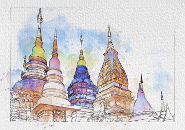 Kuzey Tayland tarzında bir grup Budist pagoda bir tapınakta, dijital resim çizimi