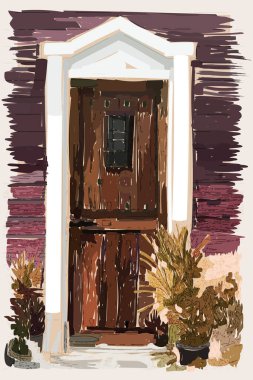 Eskiz stili izlenimci tablo, eski ahşap kapılı çiftlik evi girişi, dijital illüstrasyon vektör görüntüsü.