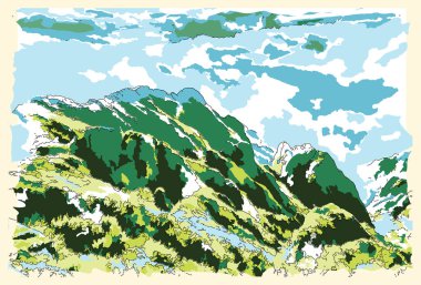 Eskiz stili izlenimci tablo, dingin tepe, dijital illüstrasyon vektör resmi. 