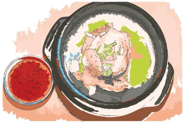 Çizim stili izlenimci resim, Kore Ginseng Tavuk Çorbası, Dijital illüstrasyon vektörü