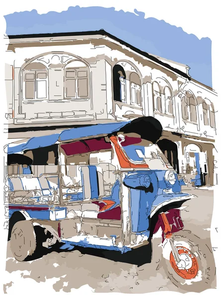  Skeç stili izlenimci resim, Tuk-tuk, Bangkok, Tayland 'da üç tekerlekli taksi, Dijital illüstrasyon vektör görüntüsü