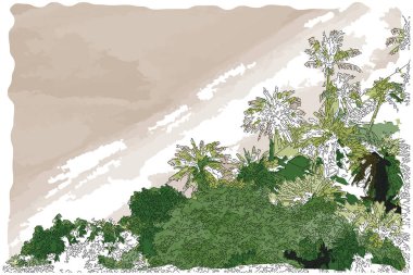  Çizim tarzı izlenimci resim, plajdaki tropikal bahçenin havadan görünüşü, dijital illüstrasyon vektör görüntüsü. 