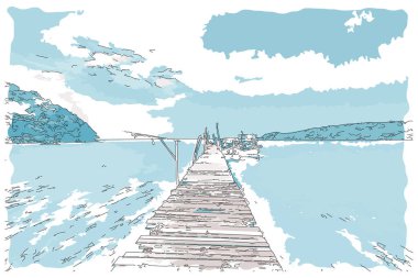 Çizim stili izlenimci tablo, körfezdeki tekneler için ahşap rıhtım, dijital illüstrasyon vektör resmi.