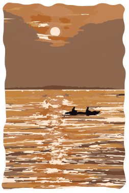 Skeç tarzı izlenimci resim, turistler gün batımında kano gezisi, dijital illüstrasyon vektör resmi.