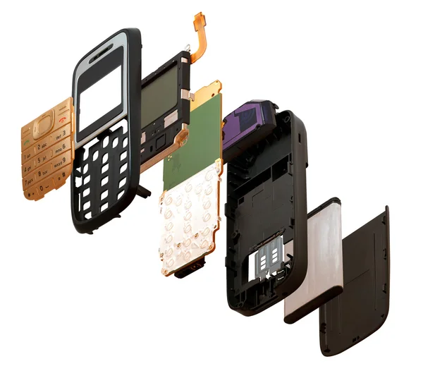 İsometry. Beyaz bir arka plan üzerinde izole demonte cep telefonu