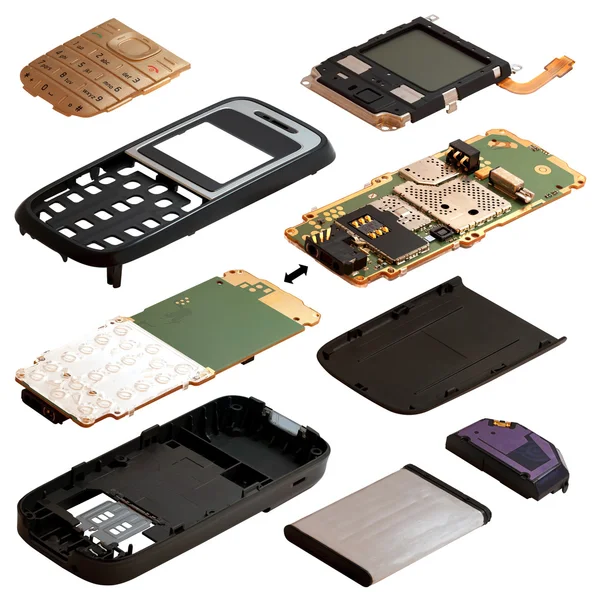 İsometry. Beyaz bir arka plan üzerinde izole demonte cep telefonu