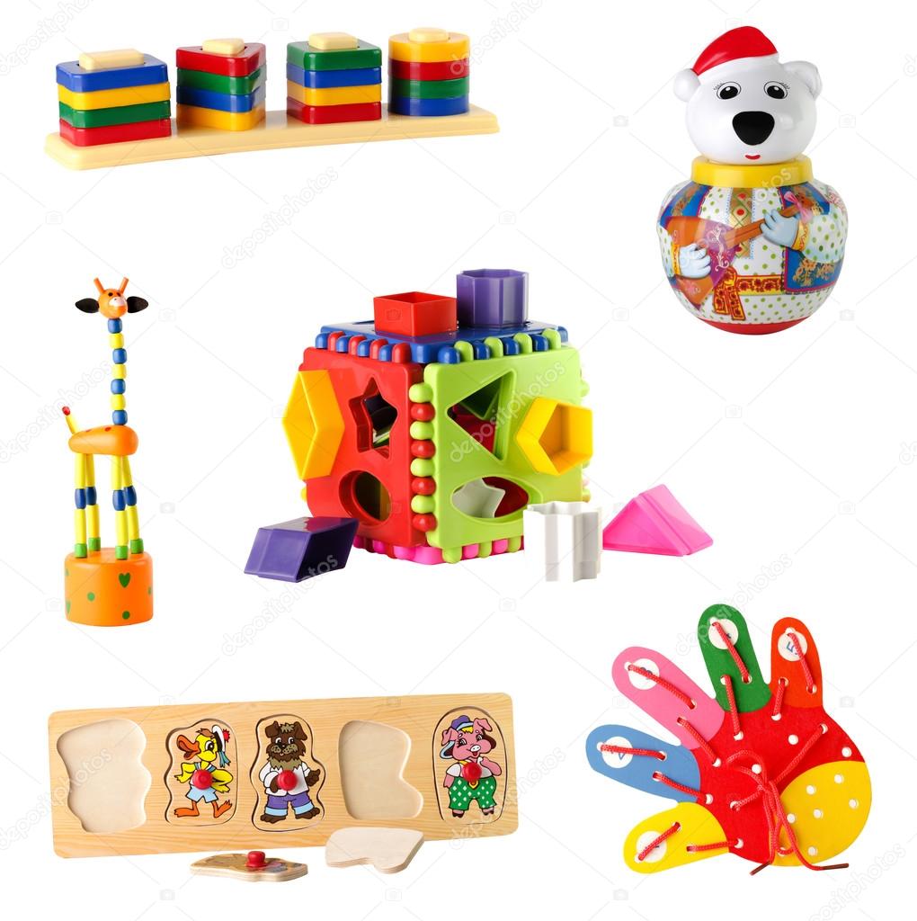 Collection of toys for young children isolated on white background