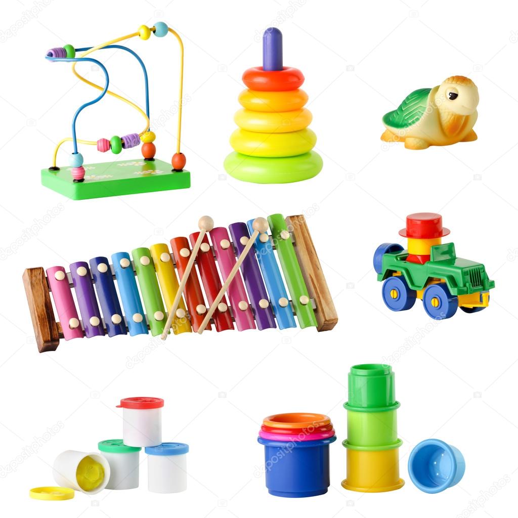Collection of toys for young children isolated on white background