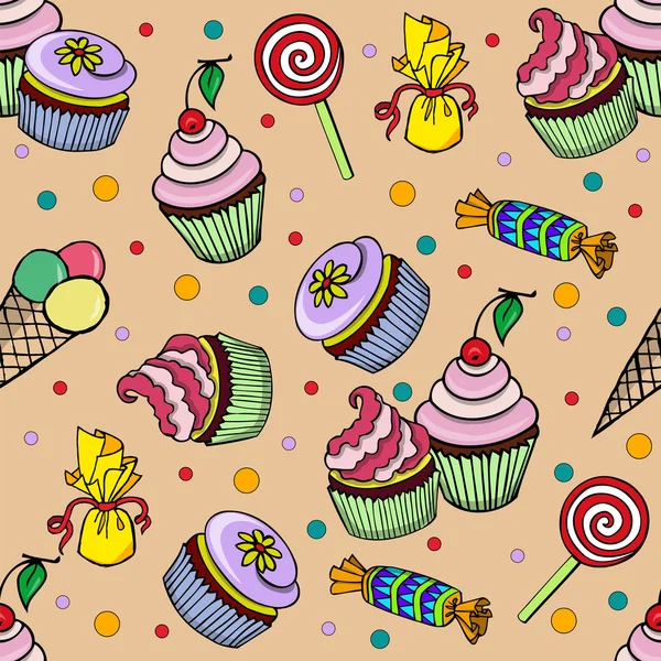 Patrón con cupcake y candys — Vector de stock