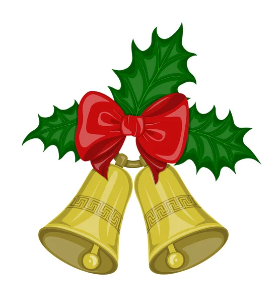 Campanas de Navidad con arco y hojas de acebo — Vector de stock