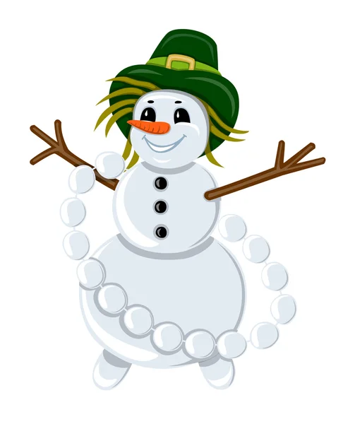 Boneco de neve em um chapéu com guirlanda de bolas de neve —  Vetores de Stock