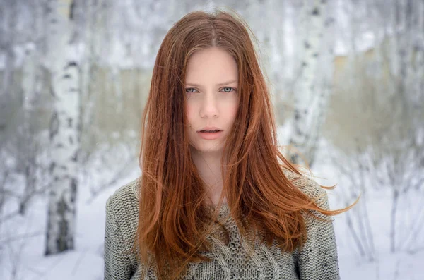 Τζίντζερ κορίτσι στο δάσος του χειμώνα — Φωτογραφία Αρχείου
