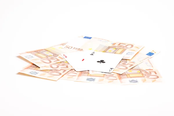 Money with poker chips and cards — Stock Photo, Image