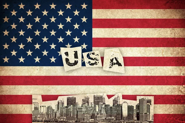 Grunge Flag of USA with skyscraper — Stock Photo, Image