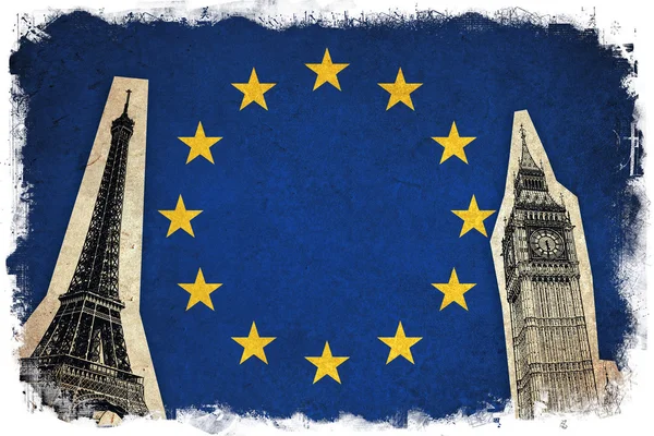 European Union grunge flag with monuments — Stock Photo, Image