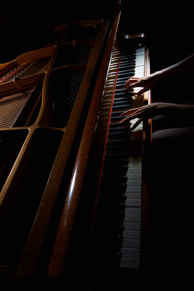 Женские руки на клавиатуре пианино ночью крупным планом
