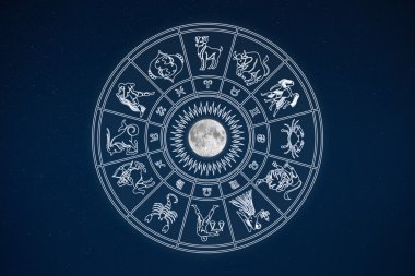 Zodyak işaretleri karanlık gökyüzünde çarkı falı
