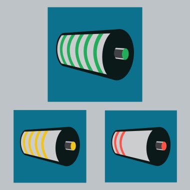 Batarya þarj durumu kümesi. Tam, yarım, boş seviye göstergesi. Kırmızı, sarı, kırmızı durum