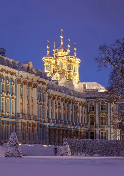 Verschneiter Winter Puschkin Stadt Sankt Petersburg Russland Katharinenpalast Und Kirche — Stockfoto