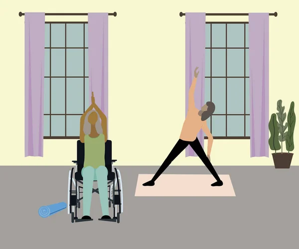 Femme Handicapée Sportive Senior Fauteuil Roulant Faisant Yoga Intérieur Illustration — Image vectorielle