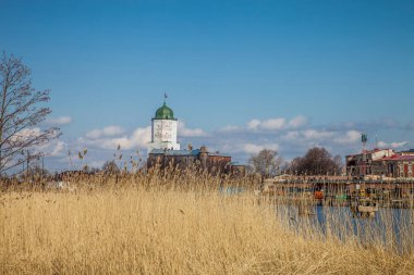 Güneşli bir bahar gününde liman tarafından Vyborg Kalesi 'nin manzarası. Vyborg, Rusya.