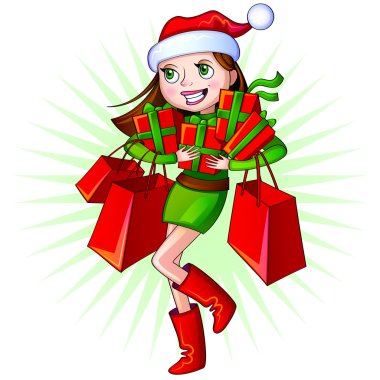 Noel alışveriş, alışveriş ile bir kız vektör çizim 