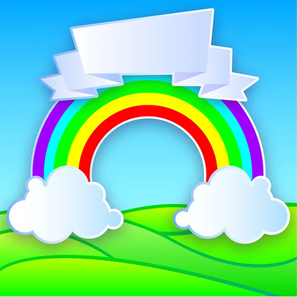 Color Rainbow With Clouds Grass. Vector Illustration — Stock Vector