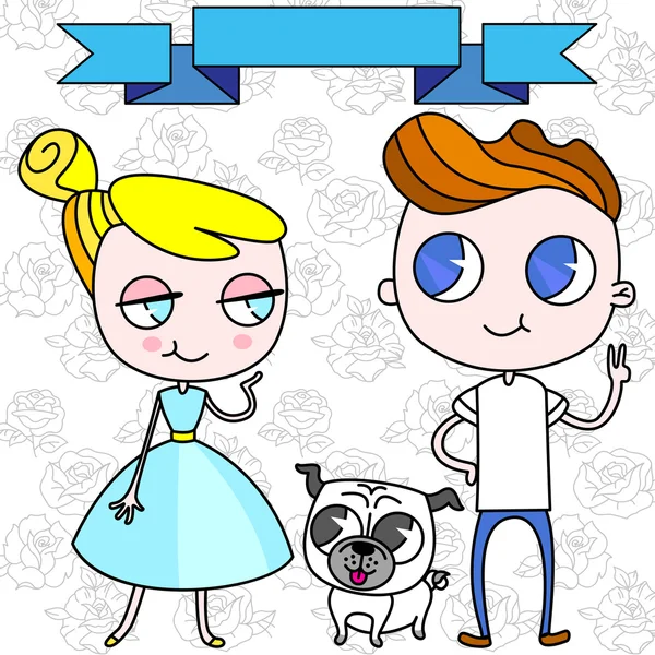 Linda pareja hipster con pug — Vector de stock