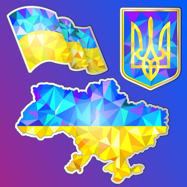 Emblem, flag and map of Ukraine poligonal in vector — Stock Vector