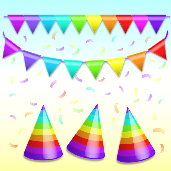 Rainbow Bunting Banner Garland, chapéus de férias e Confetti. Vecto. — Vetor de Stock