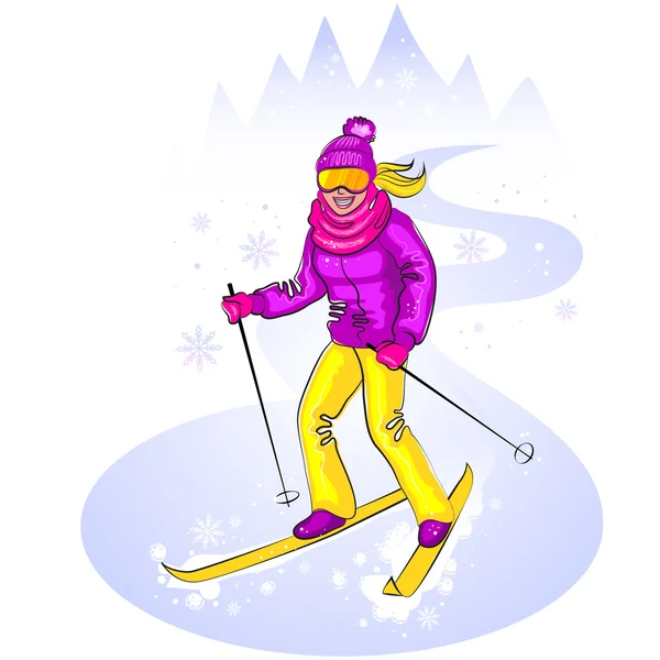 Esquí linda chica en la colina nevada — Vector de stock