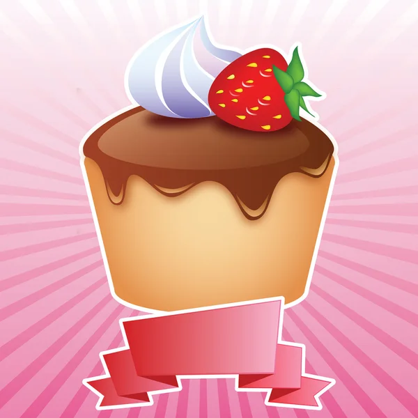 Söt choklad cupcake med jordgubbar och grädde — Stock vektor