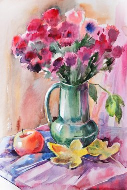 Elma ve buket ile suluboya sonbahar natürmort