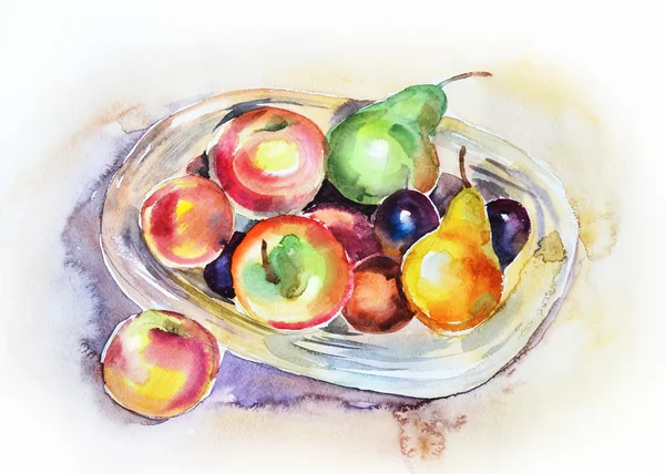 Aquarela ainda vida com uma cesta de pêras, maçãs e ameixas — Fotografia de Stock