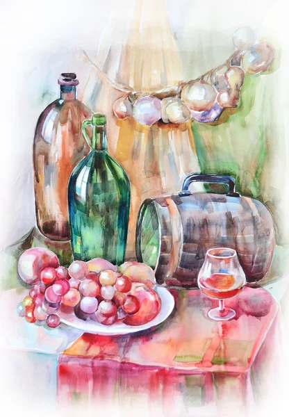 Акварель натюрморт с бутылками, бочками и фруктами — стоковое фото