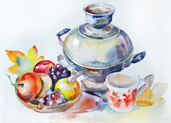 Watercolor autumn still life with a samovar and fruit Royalty Free Stock Photos