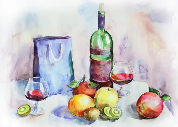 Aquarell-Stillleben mit Obst und Wein — Stockfoto
