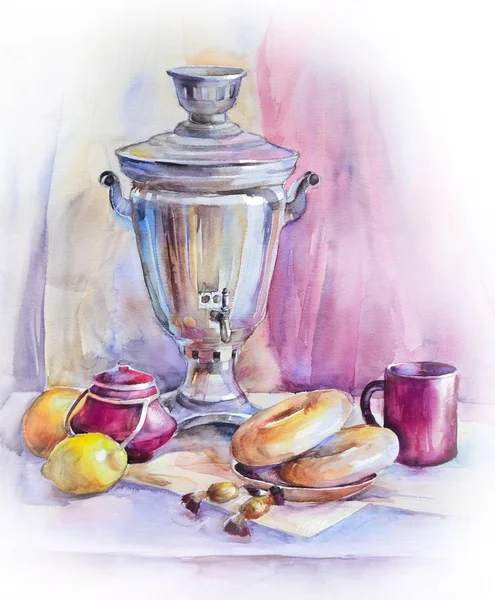 Aquarela ainda vida com samovar e rosquinhas — Fotografia de Stock