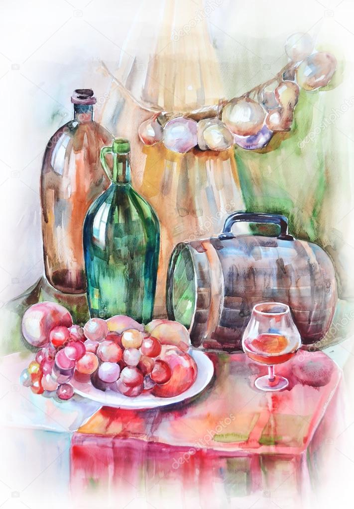 Watercolor still life with bottles, kegs and fruit