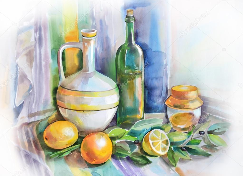 Watercolor still life with citrus and olives