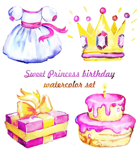 Dulce cumpleaños de princesa. Conjunto de acuarela — Foto de Stock