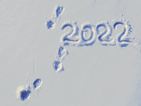 Inscripción en la nieve 2022 con rastros de patas de tigre cerca un símbolo del próximo año nuevo, de acuerdo con el año calendario oriental del Tigre Azul Fotos de stock